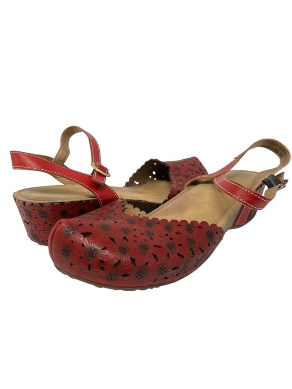 L Artiste Red Floral Cutout Slingback Clogs with Low Wedge